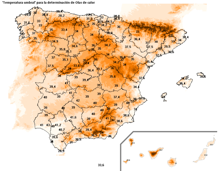 Mapa de temperaturas umbrales en España para determinar una ola de calor