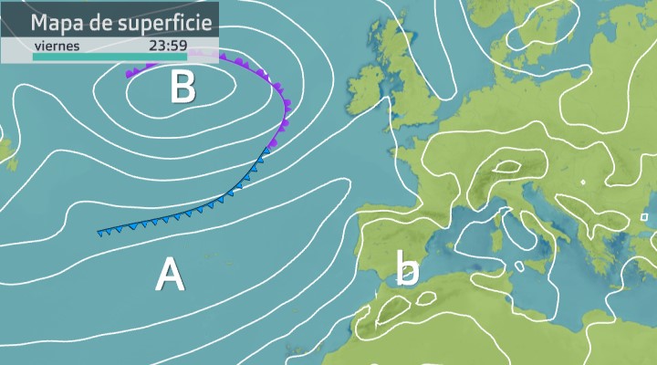 Mapa de superficie previsto para el viernes 22 de julio a las 23:59h.