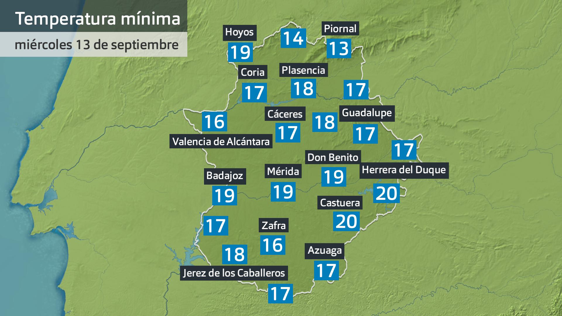 Temperatura mínima miércoles 13 de septiembre. Datos hasta las 6:30 h. Aemet, Meteoclimatic et al.