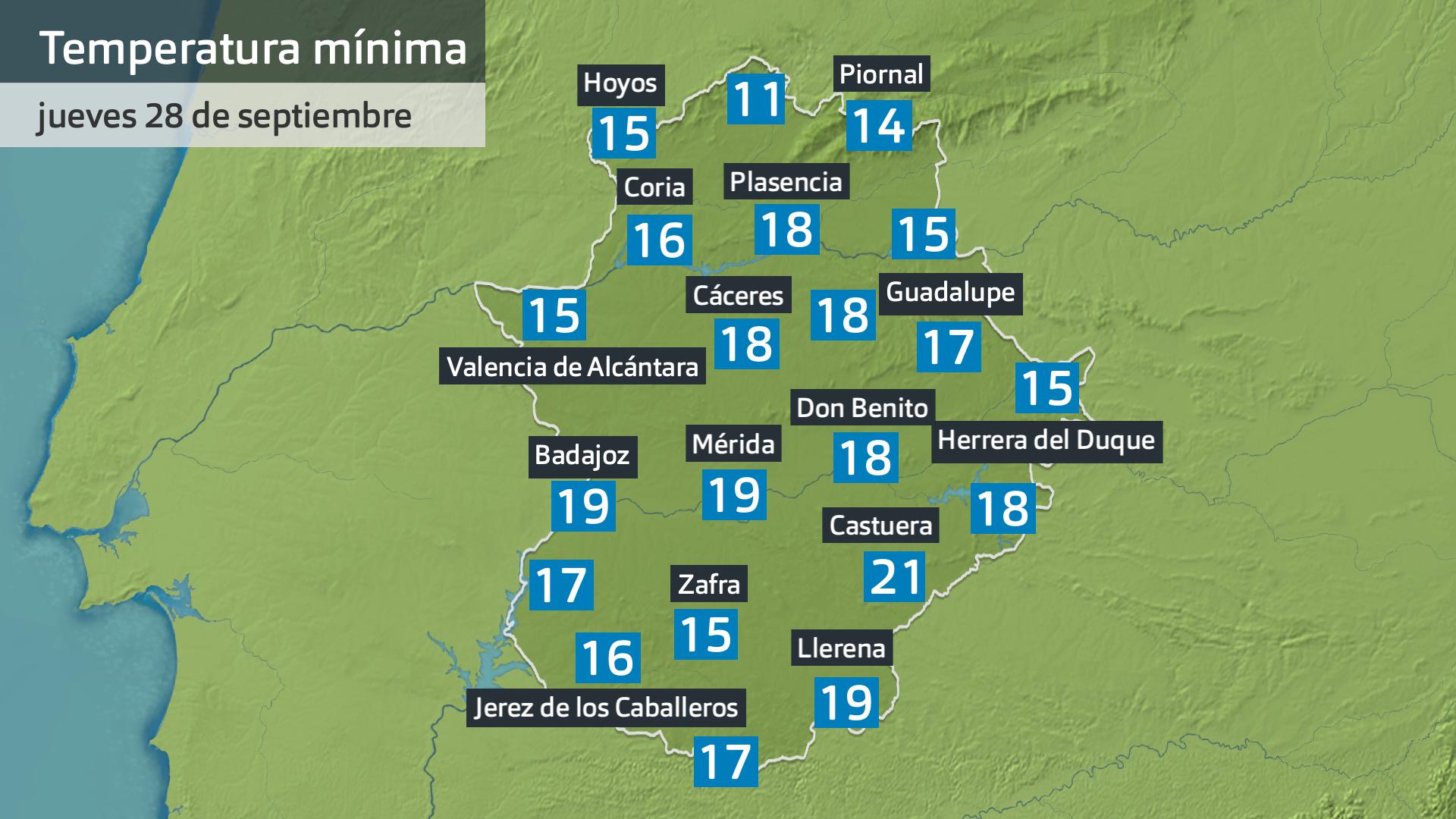 Temperatura mínima jueves 28 de septiembre. Datos hasta las 6:30 h. Aemet. Meteoclimatic et al.