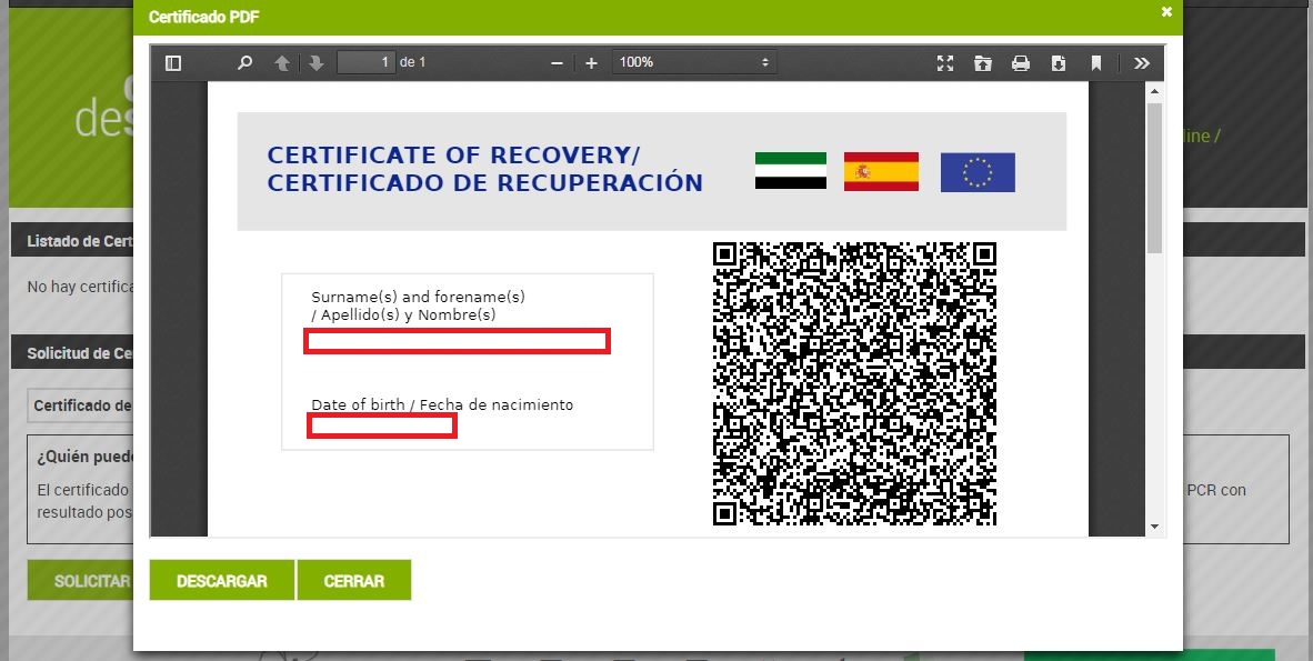 Certificado Digital Verde obtenido en la web de Salud Extremadura