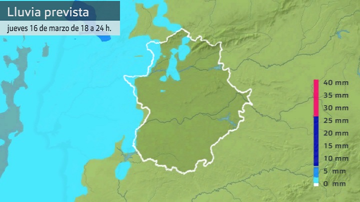 Acumulado de lluvia previsto para hoy jueves 16 de marzo entre las 18 y las 24 h.