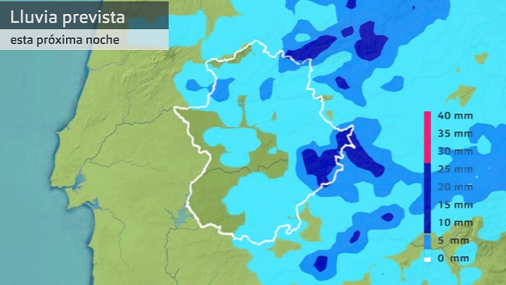 Lluvia prevista entre las 22 h. de hoy jueves y las 4 h. de mañana viernes