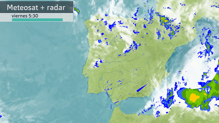 Imagen del Meteosat + radar meteorológico viernes 9 de junio 5:30 h.