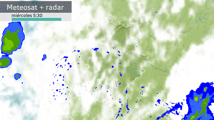 Imagen del Meteosat + radar meteorológico miércoles 21 de junio 5:30 h.