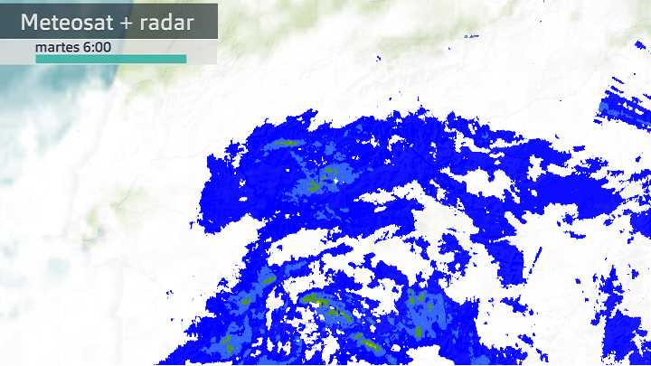 Imagen del Meteosat + radar meteorológico martes 5 de abril 6 h.