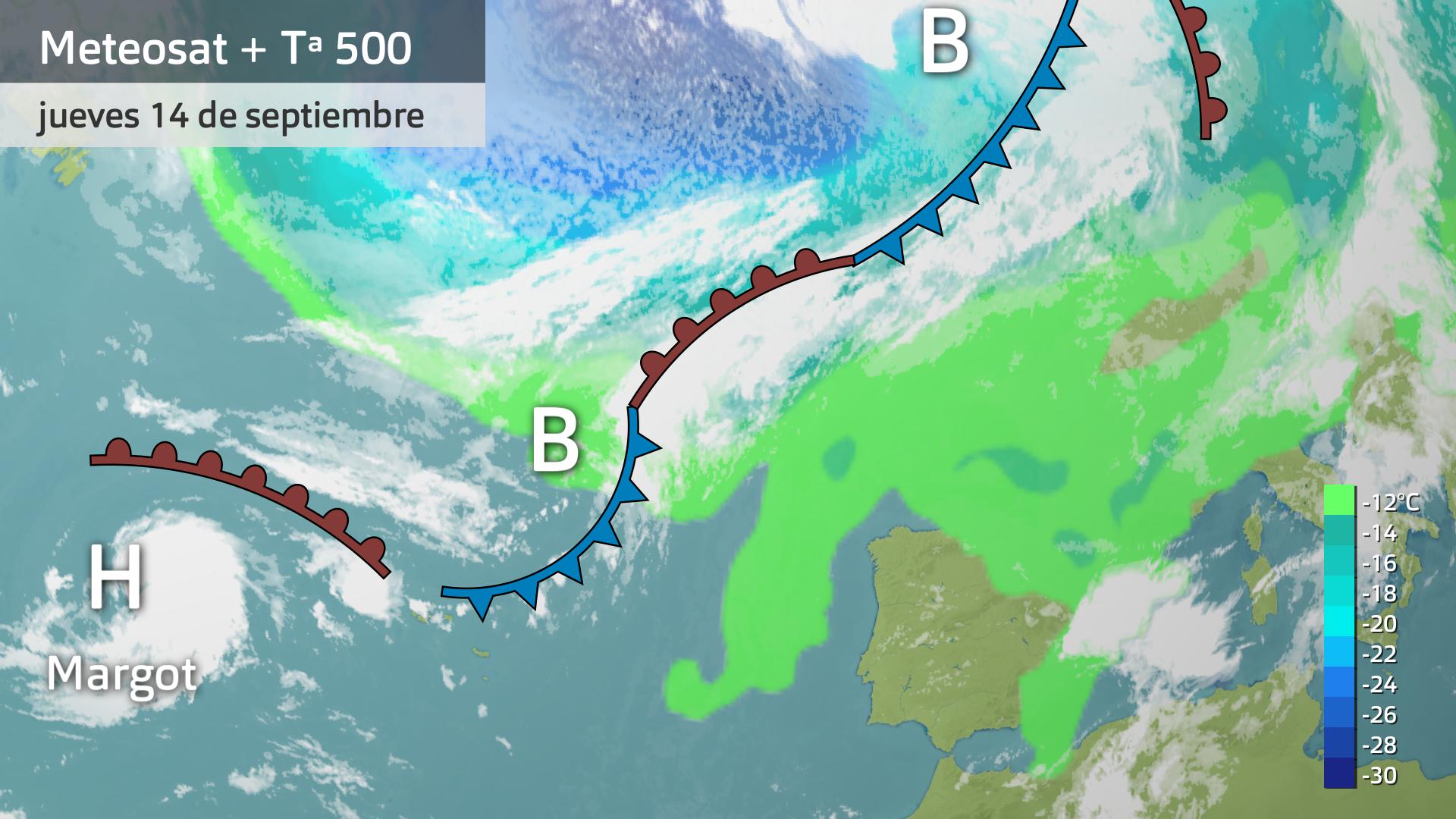 Imagen del Meteosat (5:30 h.) + temperatura a 500 hPa + frentes jueves 14 de septiembre