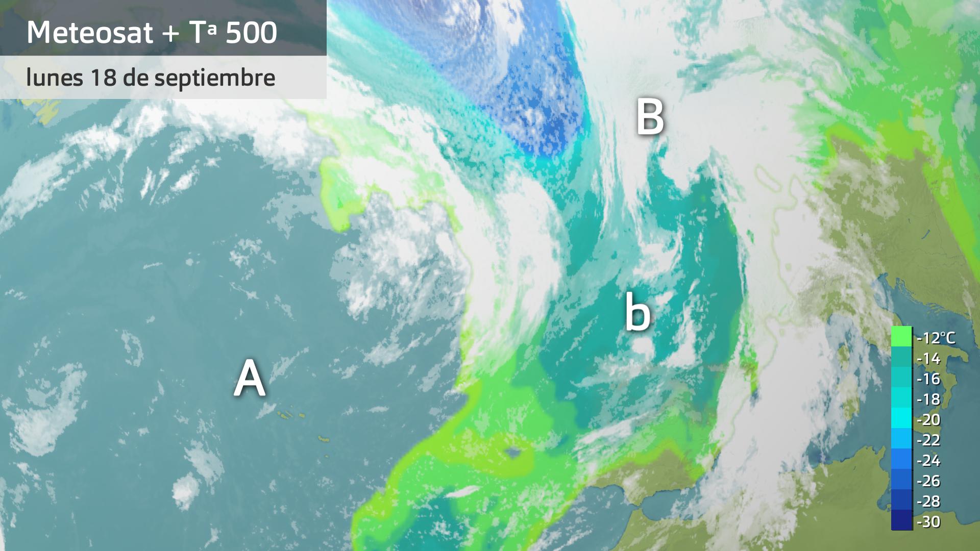 Imagen del Meteosat + temperatura a 500 hPa lunes 18 de septiembre 5:30 h.