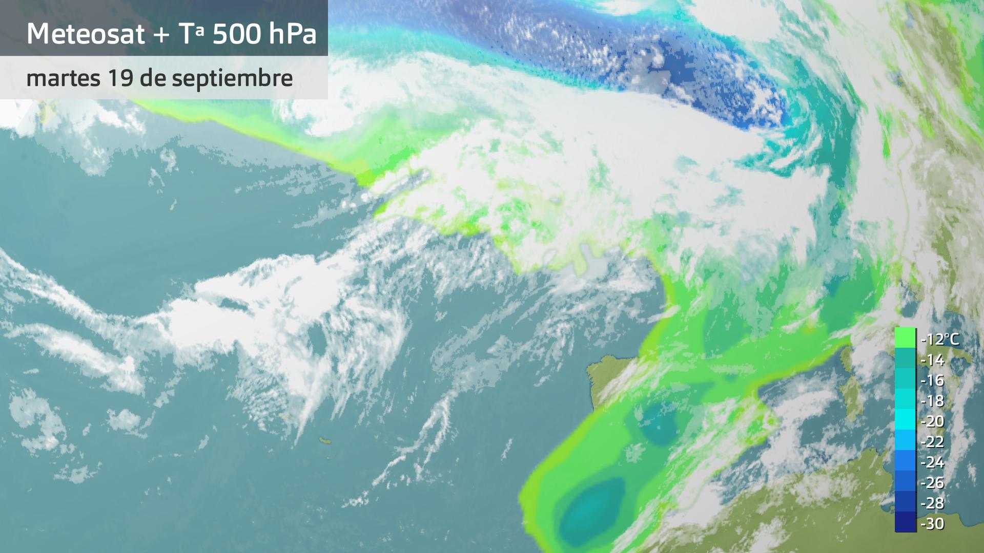 Imagen del Meteosat + temperatura a 500 hPa martes 19 de septiembre 5:15 h.