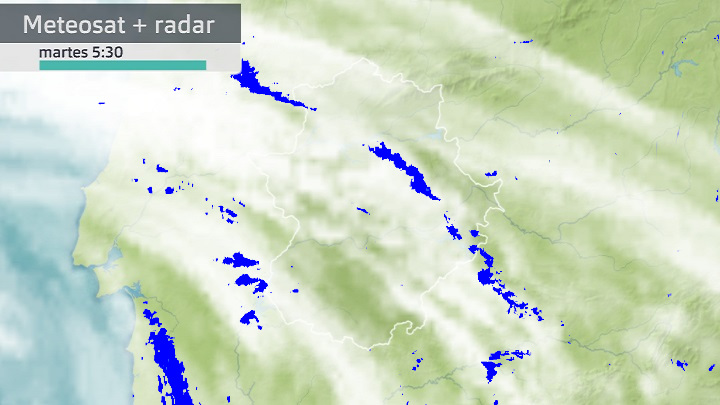Imagen del Meteosat + radar meteorológico martes 4 de abril 5:30 h.