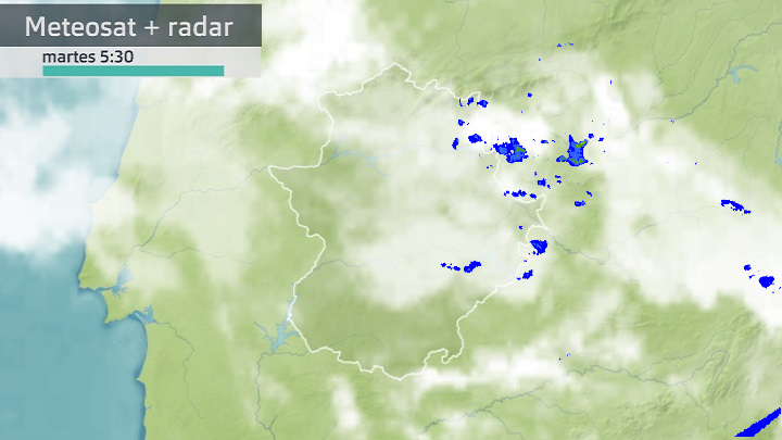 Imagen del Meteosat + radar meteorológico martes 30 de mayo 5:30 h.