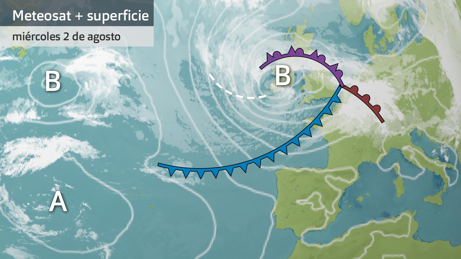 Imagen del Meteosat + mapa de superficie miércoles 2 de agosto 5:15 h.