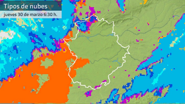 Imagen del Meteosat jueves 30 de marzo 6:30 h. En naranjas las nubes bajas