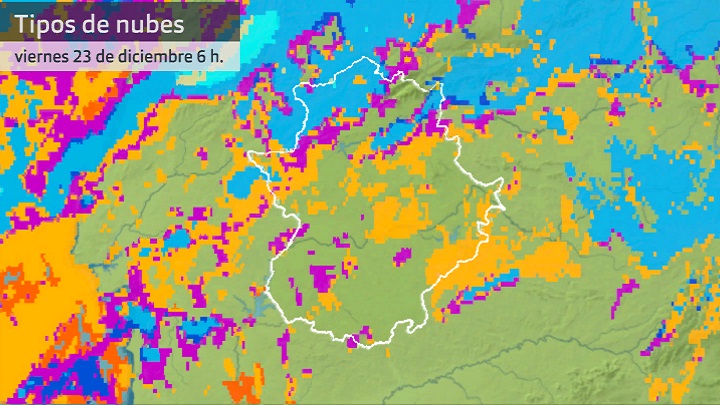 Imagen del Meteosat (tipos de nubes) viernes 23 de diciembre 6 h.