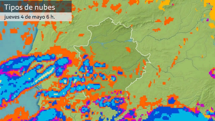 Imagen del Meteosat (tipos de nubes) Jueves 4 de mayo 6 h. En la imagen aparecen en color naranja las nubes bajas, en azules las nubes altas
