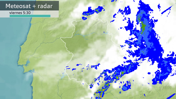 Imagen del Meteosat + radar meteorológoco viernes 26 de mayo 5:30 h.