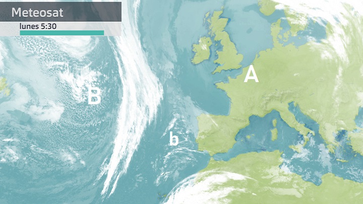 Imagen del Meteosat (+ centros de acción) lunes 13 de febrero 5:30 h.