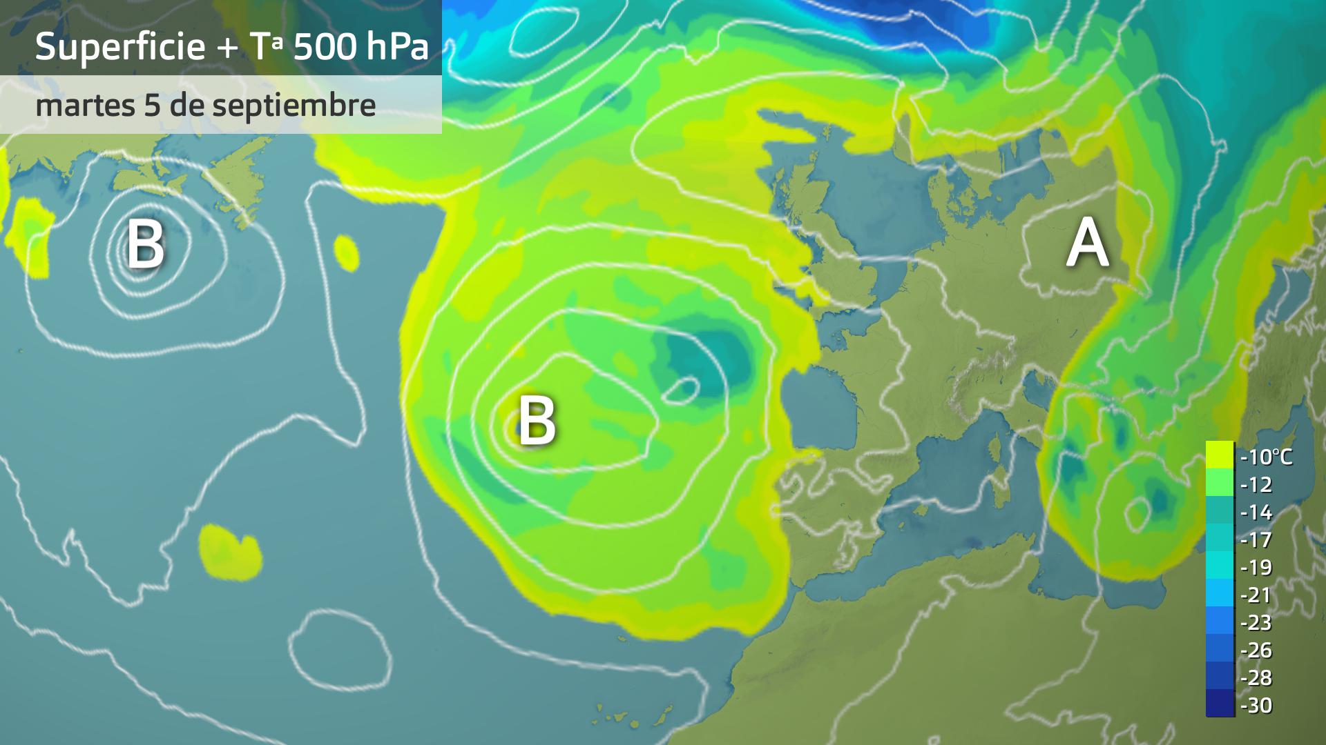 Mapa de superficie + Tª A 500 hPa para hoy martes 5 de septiembre