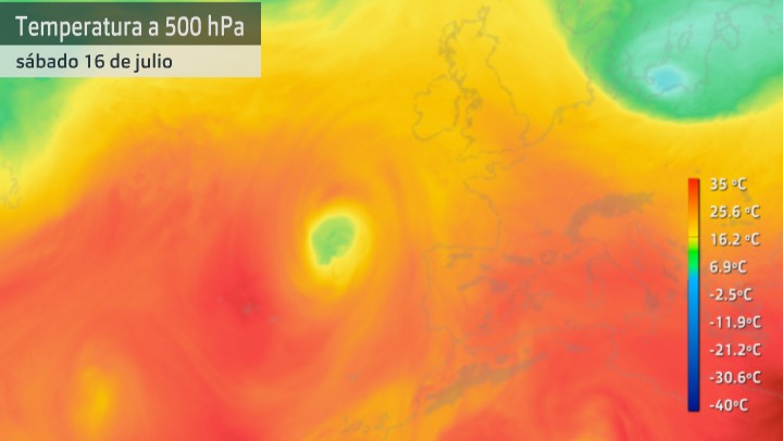 Mapa de temperaturas en zonas altas de la atmósfera (a 500 hpa) del sábado 16 de julio