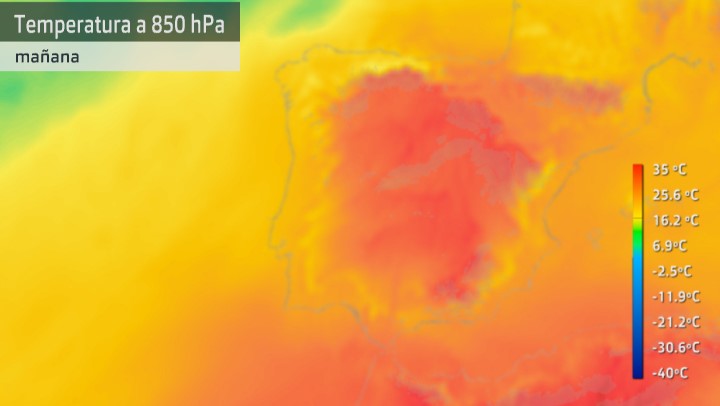 Mapa de temperatura a 1.500 metros sobre la superficie (masas de aire cálido) para el jueves 21 de julio