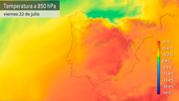 Mapa de temperatura a 1.500 metros sobre la superficie (masas de aire cálido) para el viernes 22 de julio