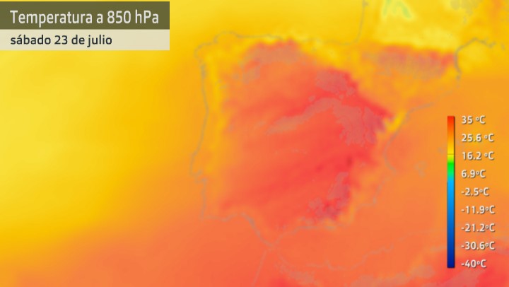 Mapa de temperatura a 1.500 metros sobre la superficie (masas de aire cálido) para el sábado 23 de julio