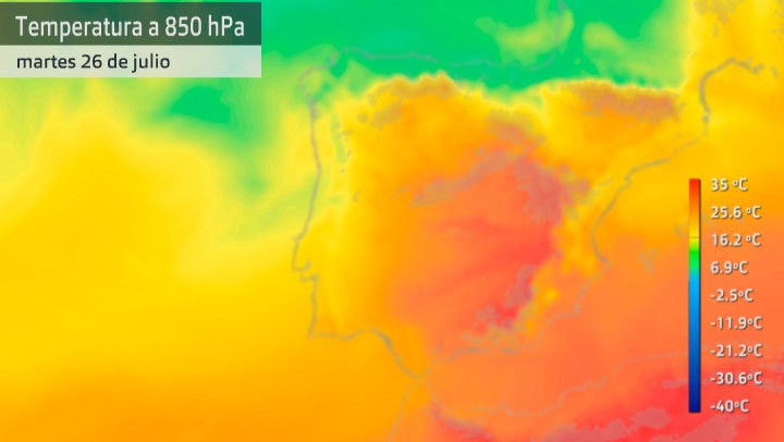 Mapa de temperatura a 1.500 metros sobre la superficie (masas de aire cálido) para el martes 26 de julio