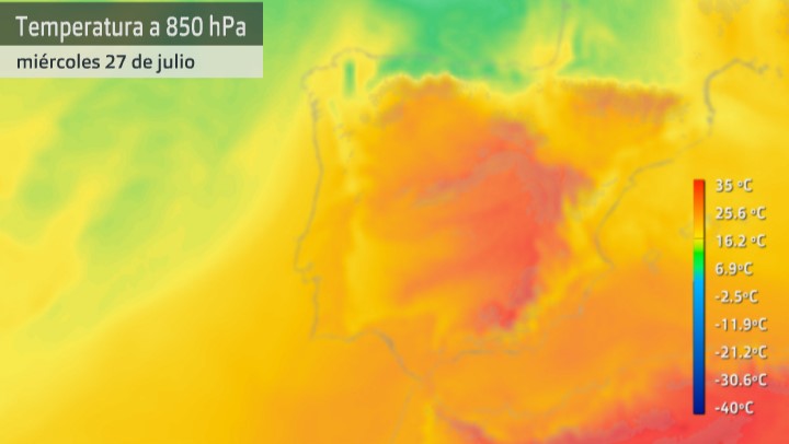 Mapa de temperatura a 1.500 metros sobre la superficie (masas de aire cálido) para el miércoles 27 de julio