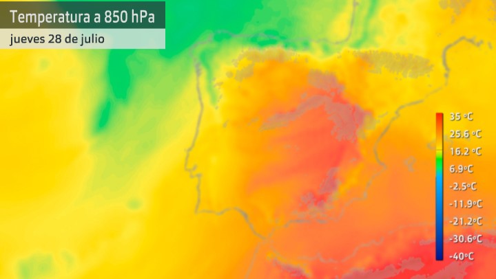 Mapa de temperatura a 1.500 metros sobre la superficie (masas de aire cálido) para el jueves 28 de julio