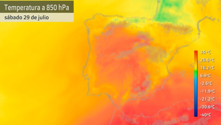 Mapa de temperatura a 1.500 metros sobre la superficie (masas de aire cálido) para el sábado 30 de julio