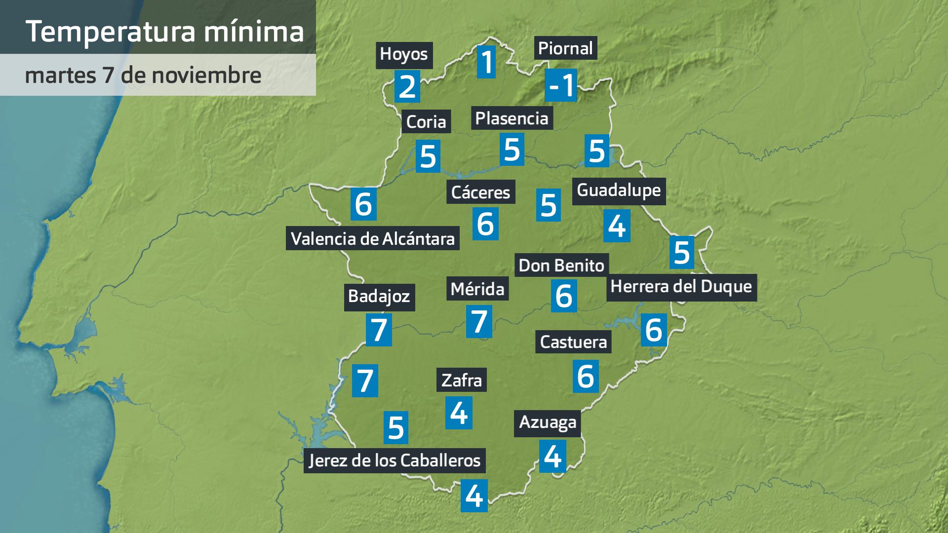 Temperatura mínima martes 7 de noviembre. Datos hasa las 6:30 h. Aemet, Meteoclimatic et al.