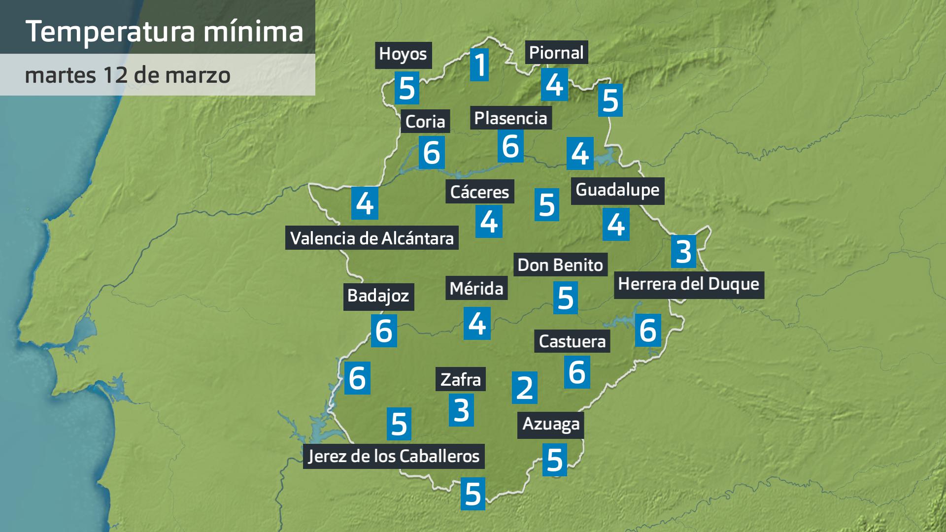 Temperatura mínima martes 12 de marzo. Datos hasta las 7:45 h. Aemet, Meteoclimatic et al.