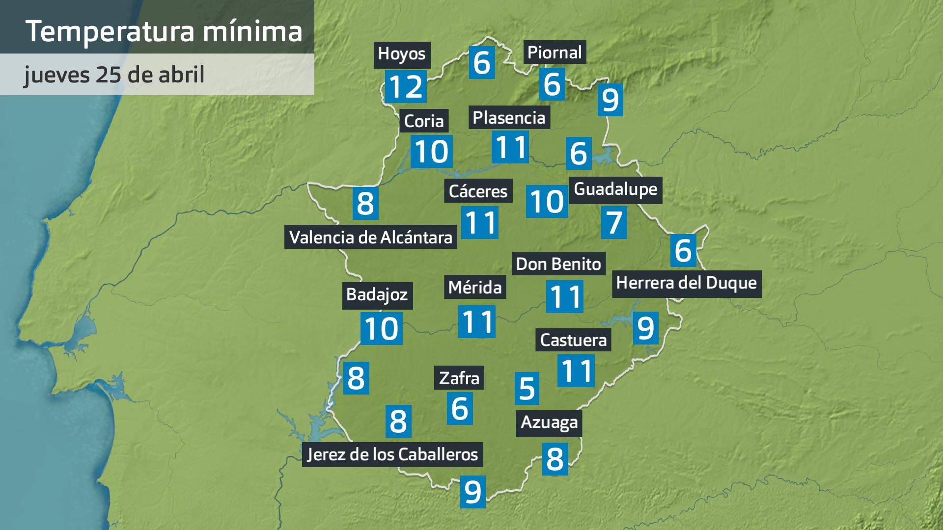 Temperatura mínima jueves 25 de abril. Datos hasta las 7:30 h. Aemet, Meteoclimatic et al.