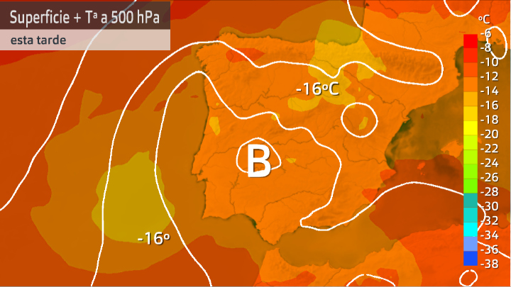 Temperaturas a 500 hPa y mapa de superficie viernes 11 de junio