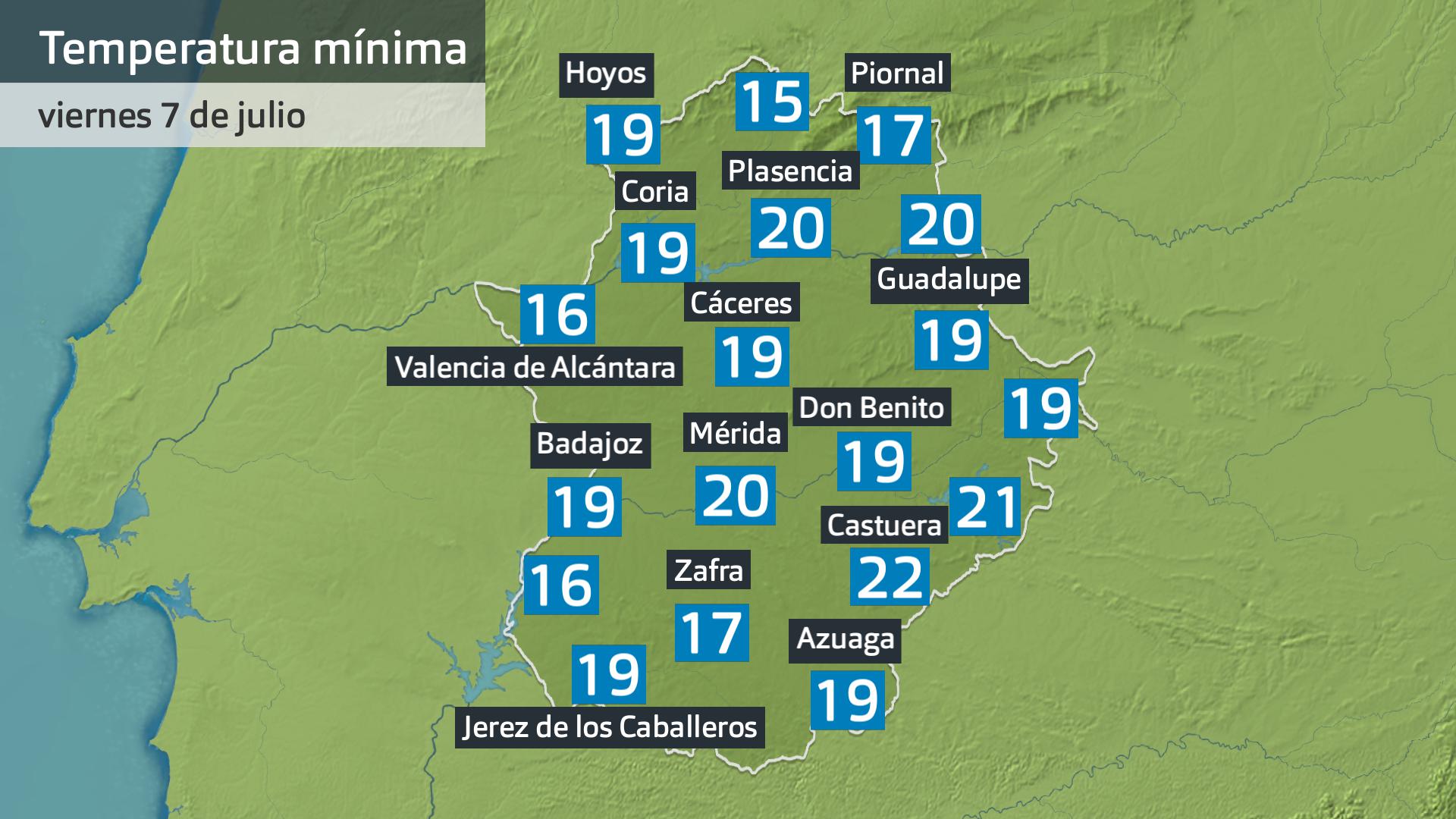 Temperatura mínima viernes 7 de julio. Datos hasta las 6:45 h. Aemet, Meteoclimatic et al.