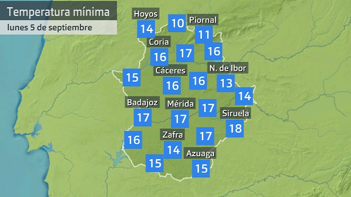 Temperatura mínima lunes 5 de septiembre. Datos hasta las 6:40 h. Aemet, Meteoclimatic et al.