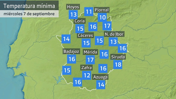Temperatura mínima miércoles 7 de septiembre. Datos hasta las 6:40 h. Aemet. Meteoclimatic et al.