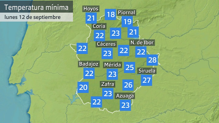 Temperatura mínima lunes 12 de septiembre. Datos hasta las 6:40 h. Aemet, Meteoclimatic et al.