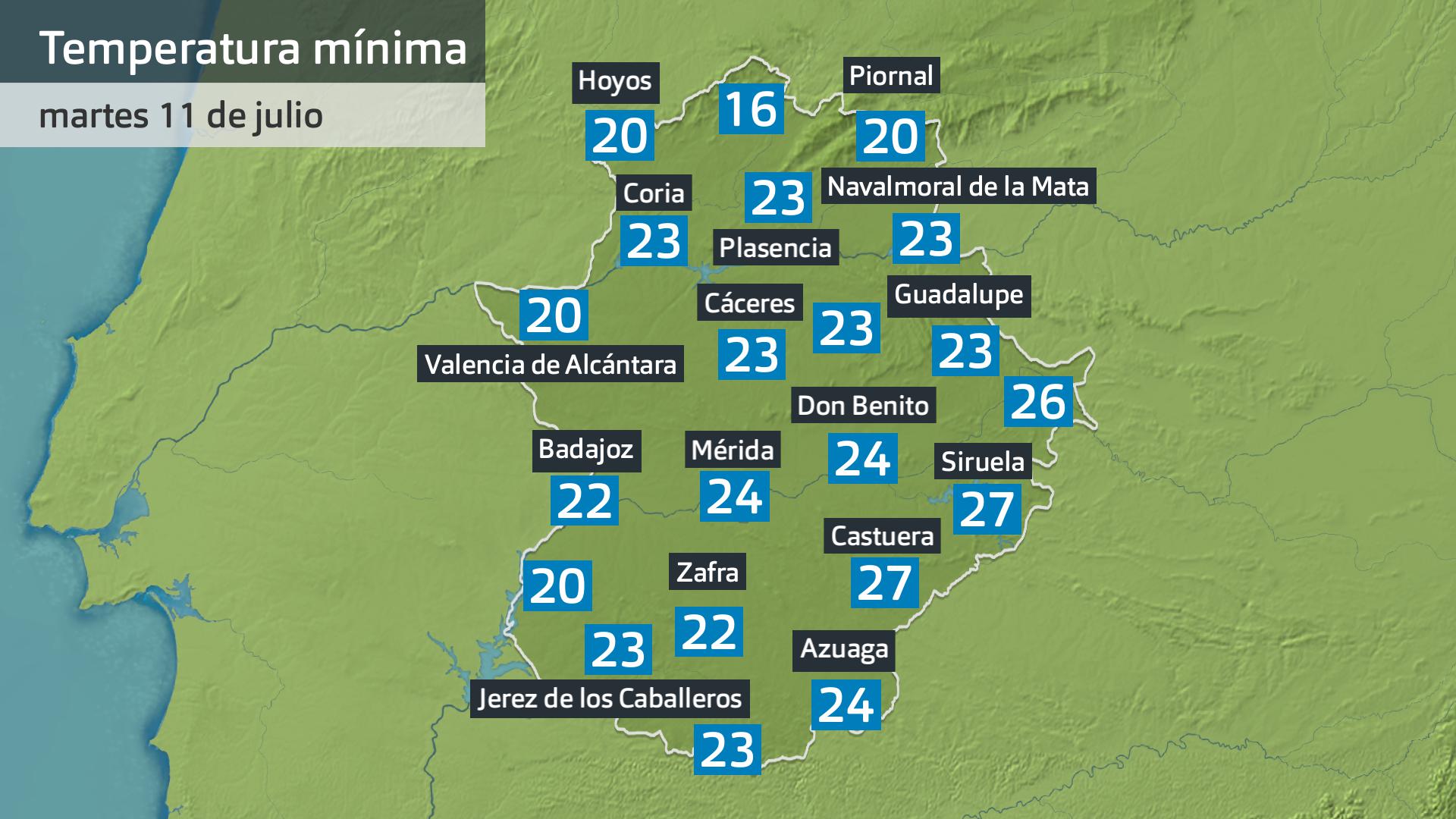 Temperatura mínima martes 11 de julio. Datos hasta las 6:30 h. Aemet, Meteoclimatic et al.