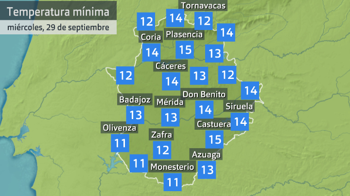 Temperatura mínima miércoles 29 de septiembre. Datos hasta las 6:40 h. Aemet, Meteoclimatic et al.