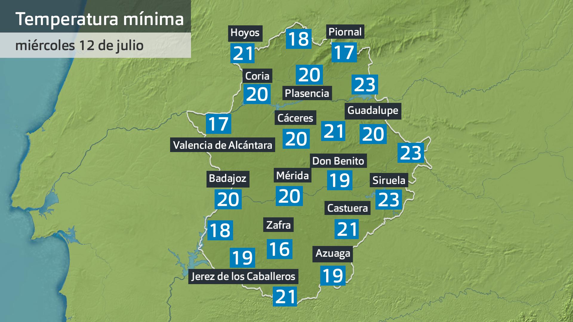 Temperatura mínima miércoles 12 de julio. Datos hasta las 6:30 h. Aemet, Meteoclimatic et al.