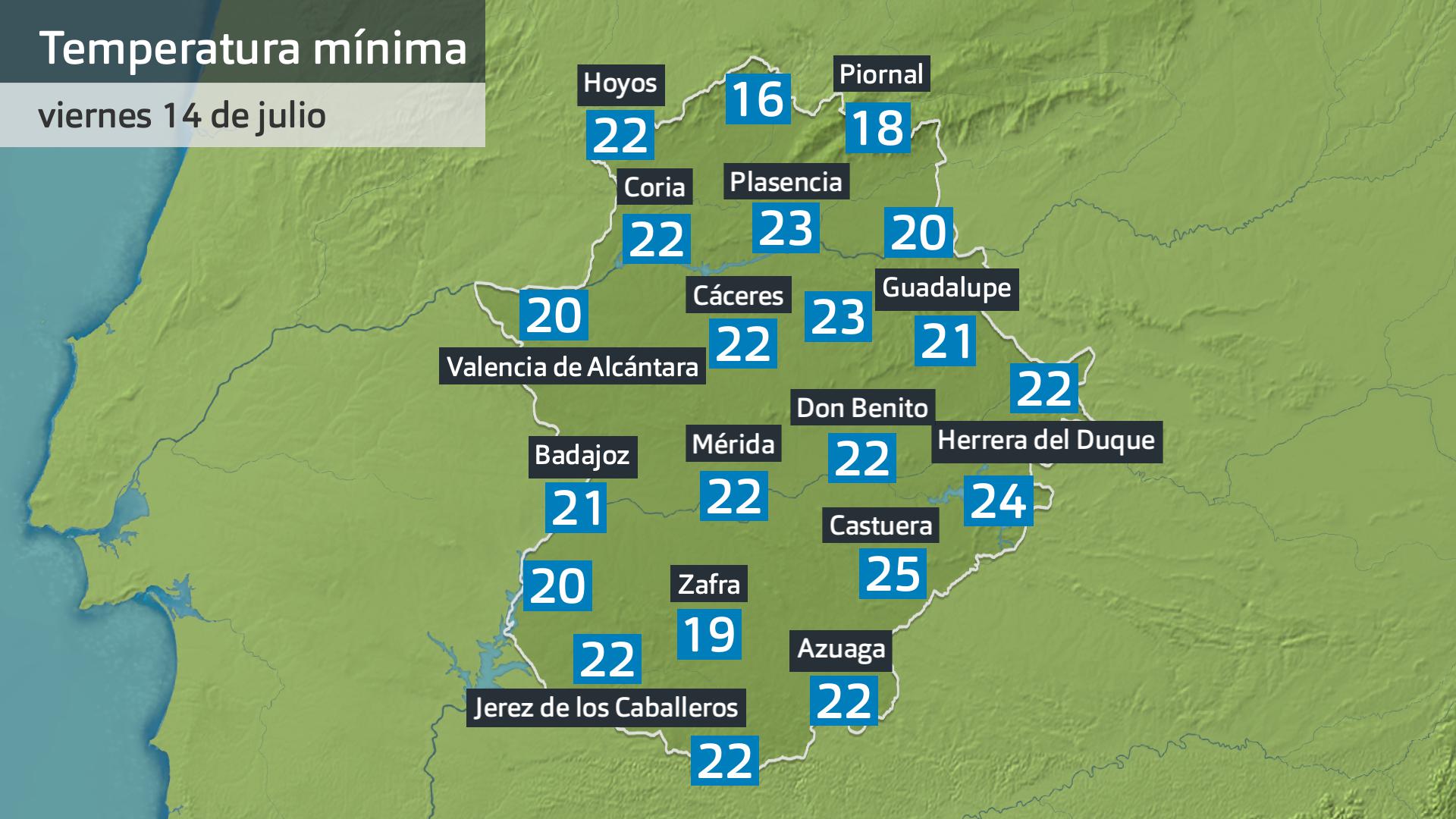 Temperatura mínima viernes 14 de julio. Datos hasta las 6:30 h. Aemet, Meteoclimatic et al.