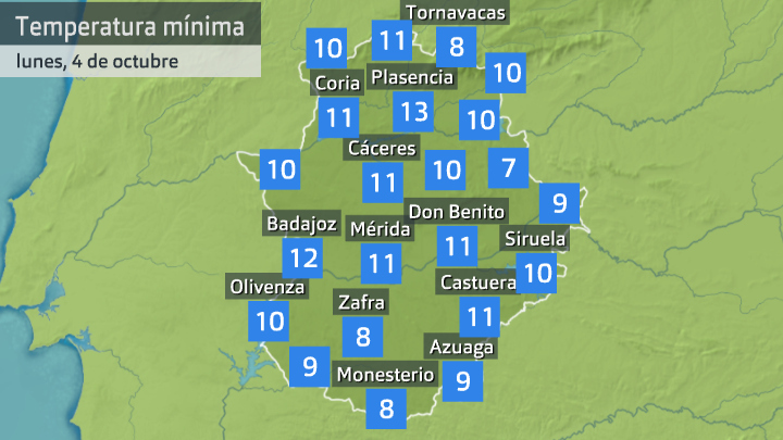 Temperatura mínima lunes 4 de octubre. Datos hasta las 6:20 h. Aemet, Meteoclimatic et al.