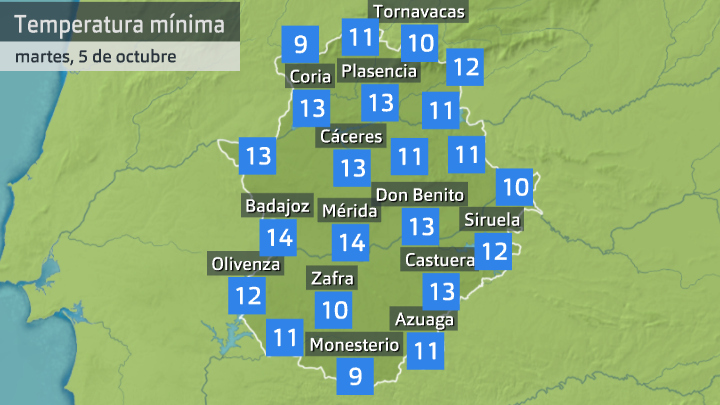 Temperatura mínima martes 5 de octubre. Datos hasta las 6:40 h. Aemet, Meteoclimatic et al.