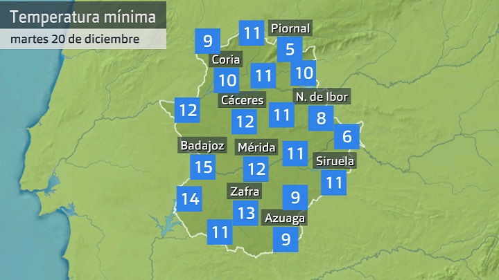 Temperatura mínima martes 20 de diciembre. Datos hasta las 6:40 h. Aemet, Meteoclimatic et al.