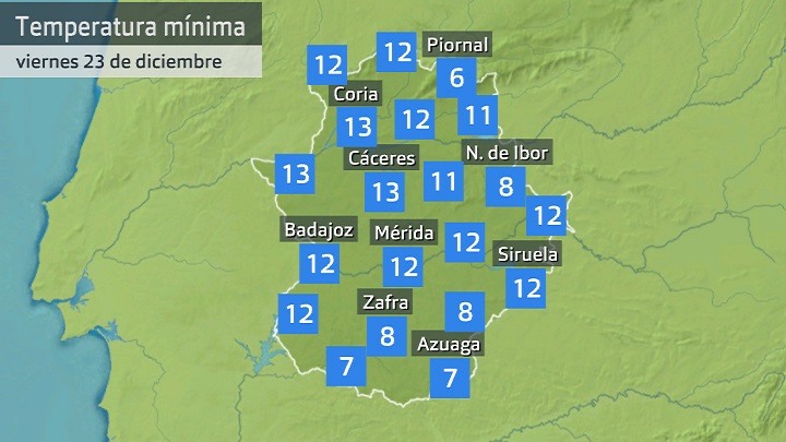 Temperatura mínima viernes 23 de diciembre. Datos hasta las 6:40 h. Aemet, Meteoclimatic et al.