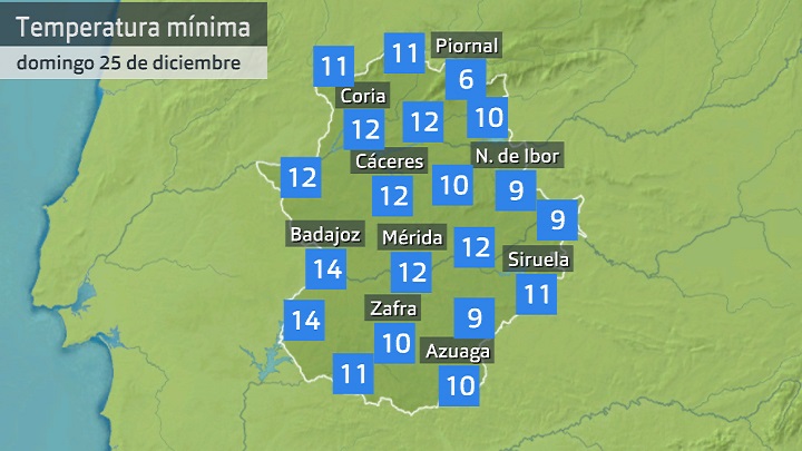 Temperatura mínima domingo 25 de diciembre. Datos hasta las 8:20 h. Aemet, Meteoclimatic et al.