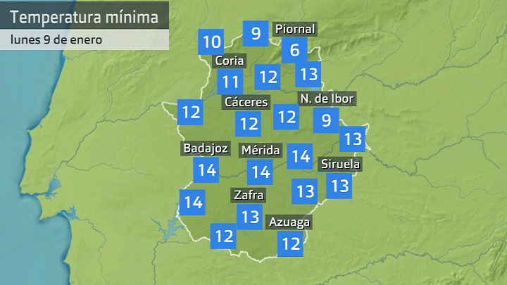 Temperatura mínima lunes 9 de enero. Datos hasta las 6:30 h. Aemet, Meteoclimatic et al.