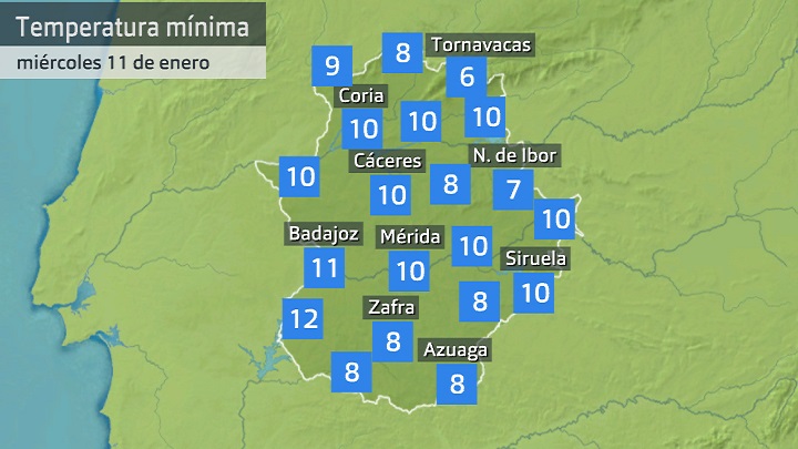 Temperatura mínima miércoles 11 de enero. Datos hastas las 6:30 h. Aemet, Meteoclimatic et al.