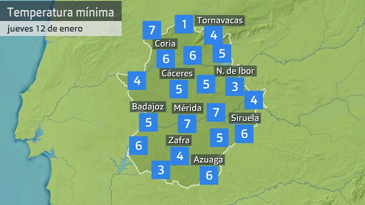 Temperatura mínima jueves 12 de enero. Datos hasta las 6:30 h. Aemet, Meteoclimatic et al.